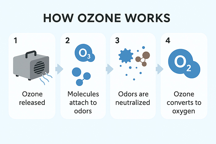 Step-by-step infographic showing how ozone odor removal works by releasing ozone, attaching to odor molecules, neutralizing odors, and converting to oxygen. How ozone odor removal works