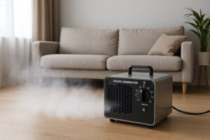 Ozone generator operating in a modern living room, releasing ozone mist to eliminate odors from smoke, pets, and mold.